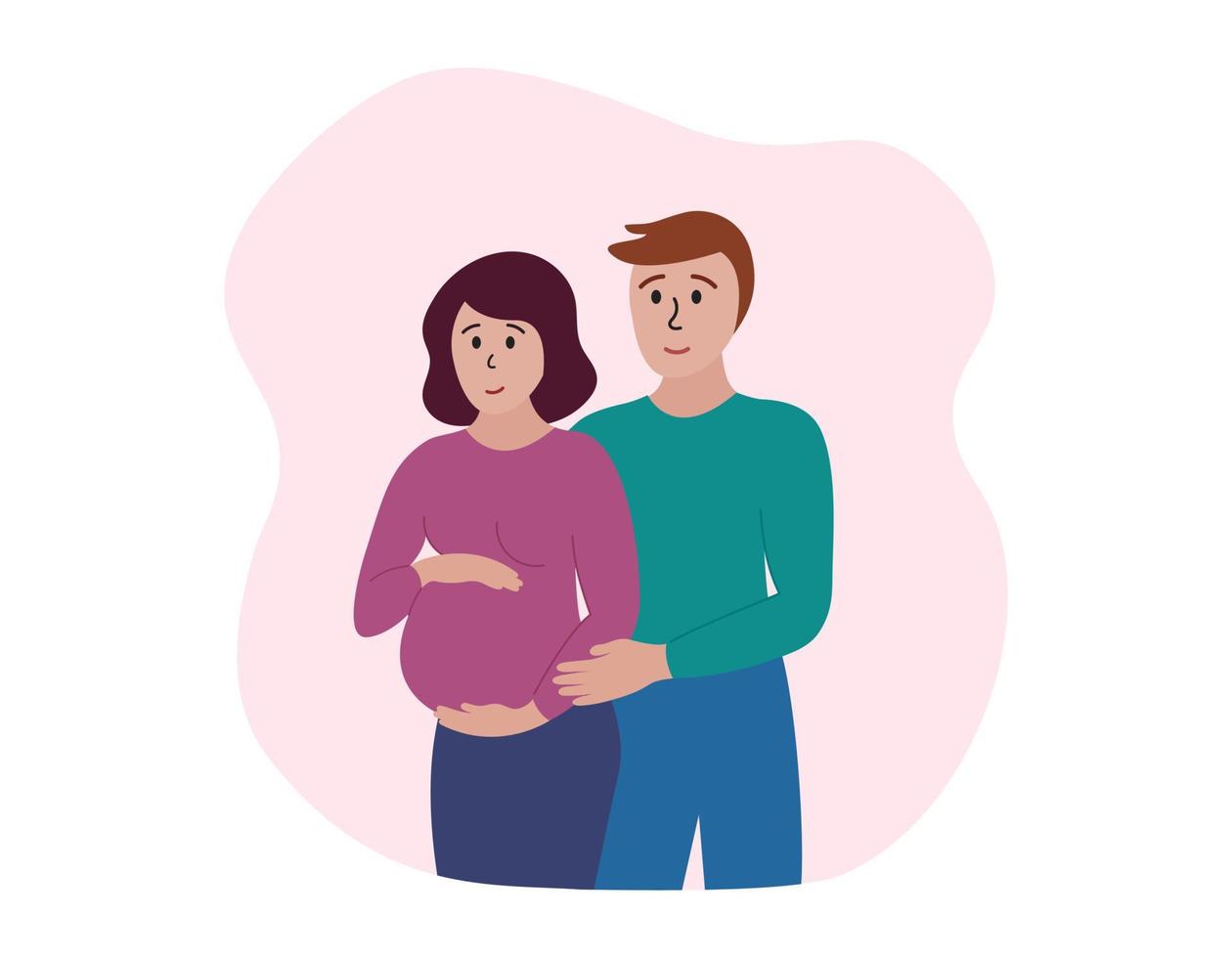 graviditet koncept. lyckligt gift par. gravid kvinna och kramar hennes man. blivande mamma och pappa par. platt vektor illustration