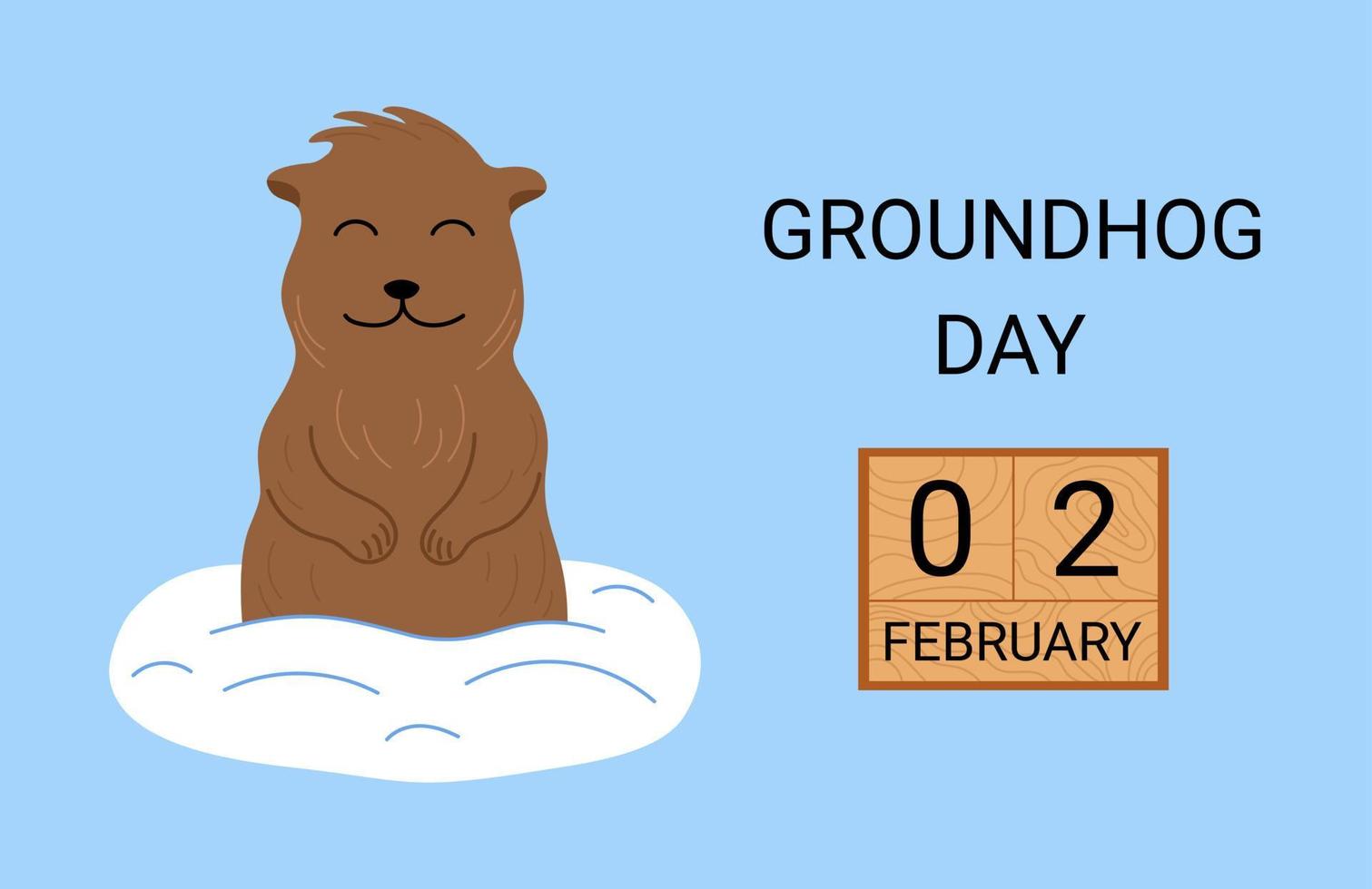 groundhog day 2 februari. söt tecknad glad groundhog tittar ut ur hålan. gratulationskort, affisch, banner. platt vektorillustration med text och trä datumkalender vektor