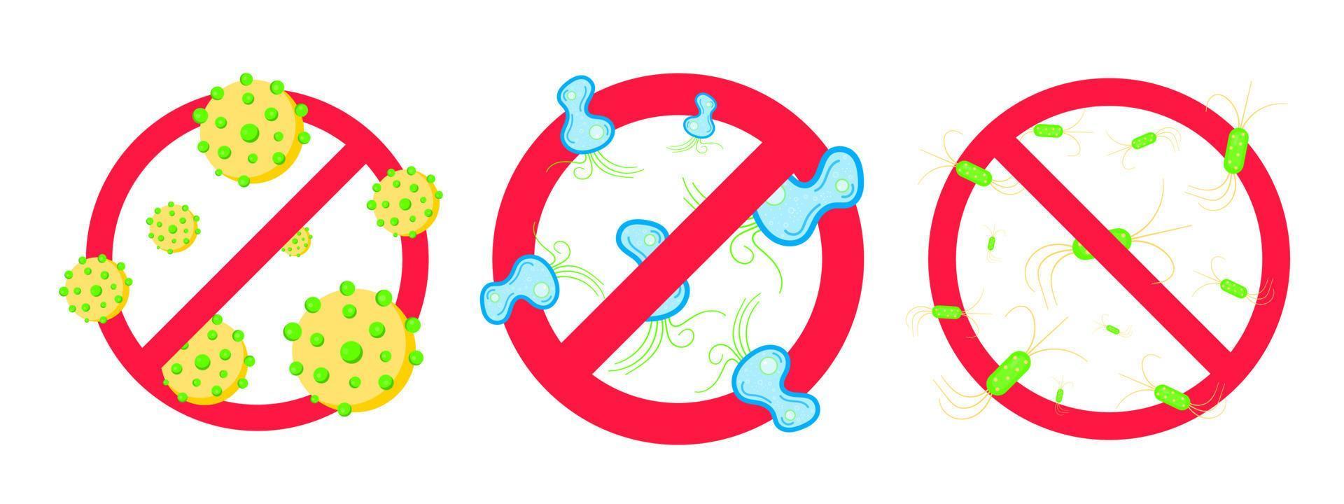 3 Stoppen Sie das Verbotszeichen für Viren und schlechte Bakterien oder Keime. vektor
