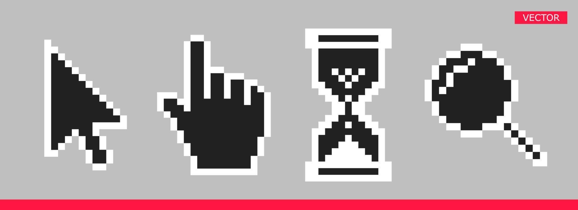 svart och vit pil, hand, förstoringsglas och timglas pixel muspekare ikoner vektor illustration set.