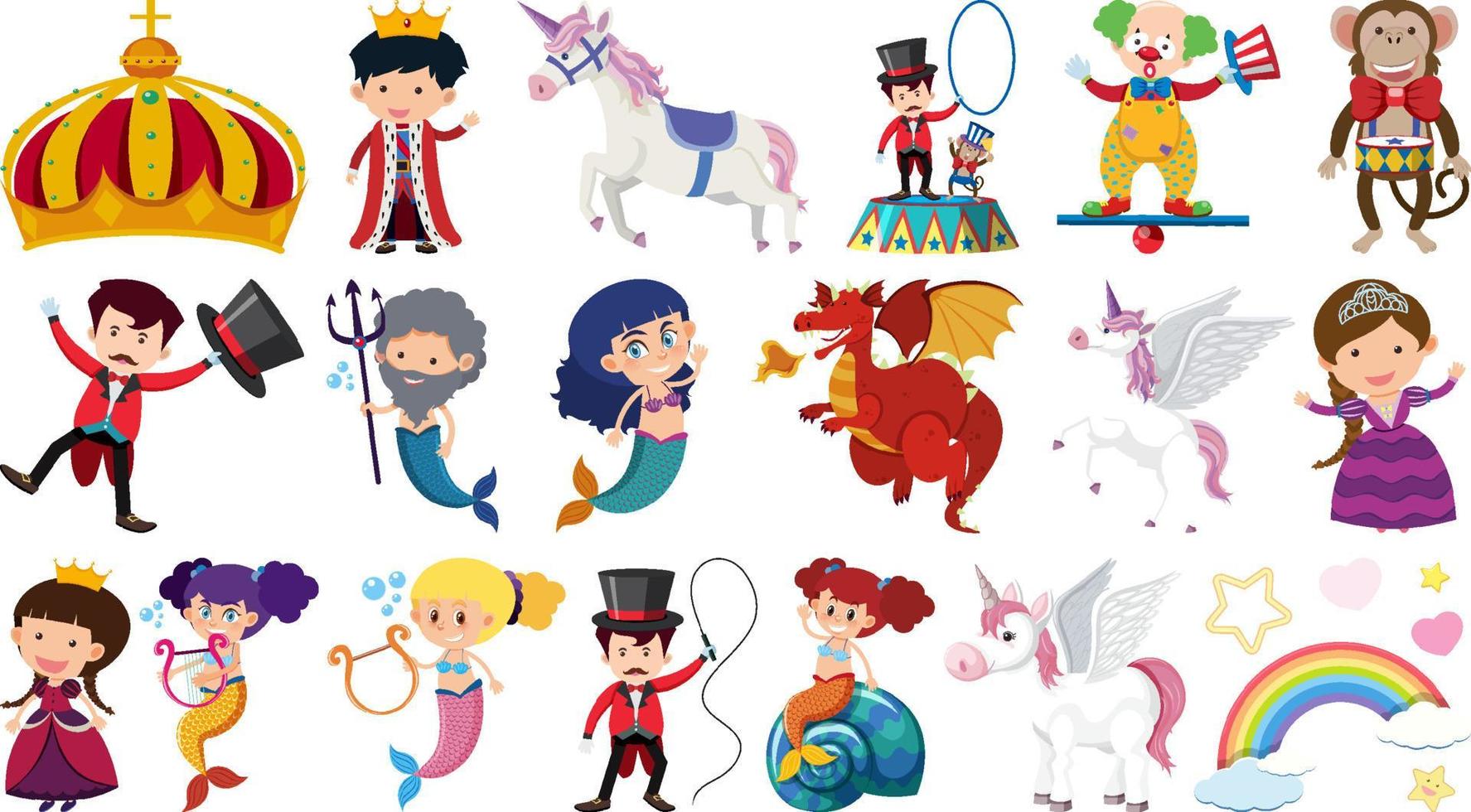 Reihe von isolierten märchenhaften Zeichentrickfiguren und Objekten vektor
