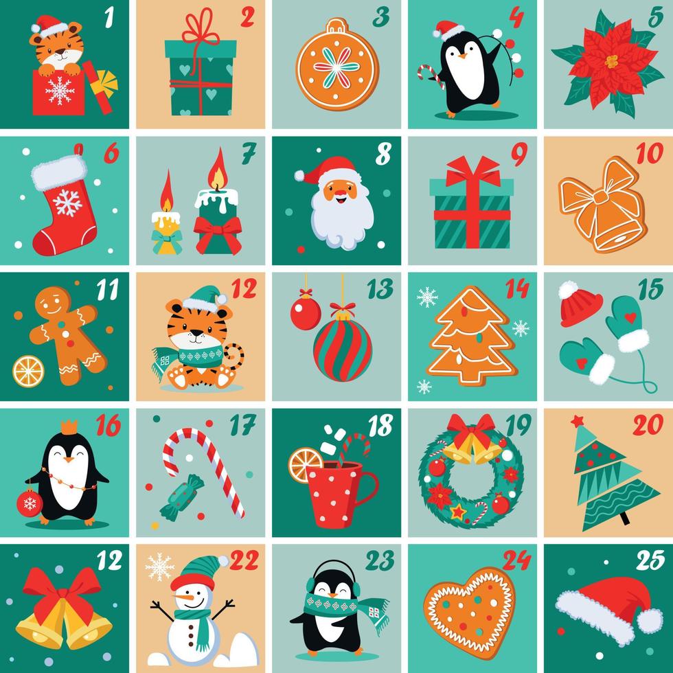 december adventskalender. julaffisch nedräkningsbara etiketter numrerad affisch med julsymboler. vektor