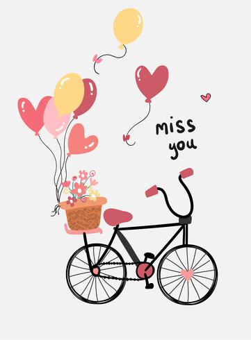 flaches Design der Liebeskarten-Vektorhand gezeichnetes Fahrrad mit Blumen- und Herzballonen vektor