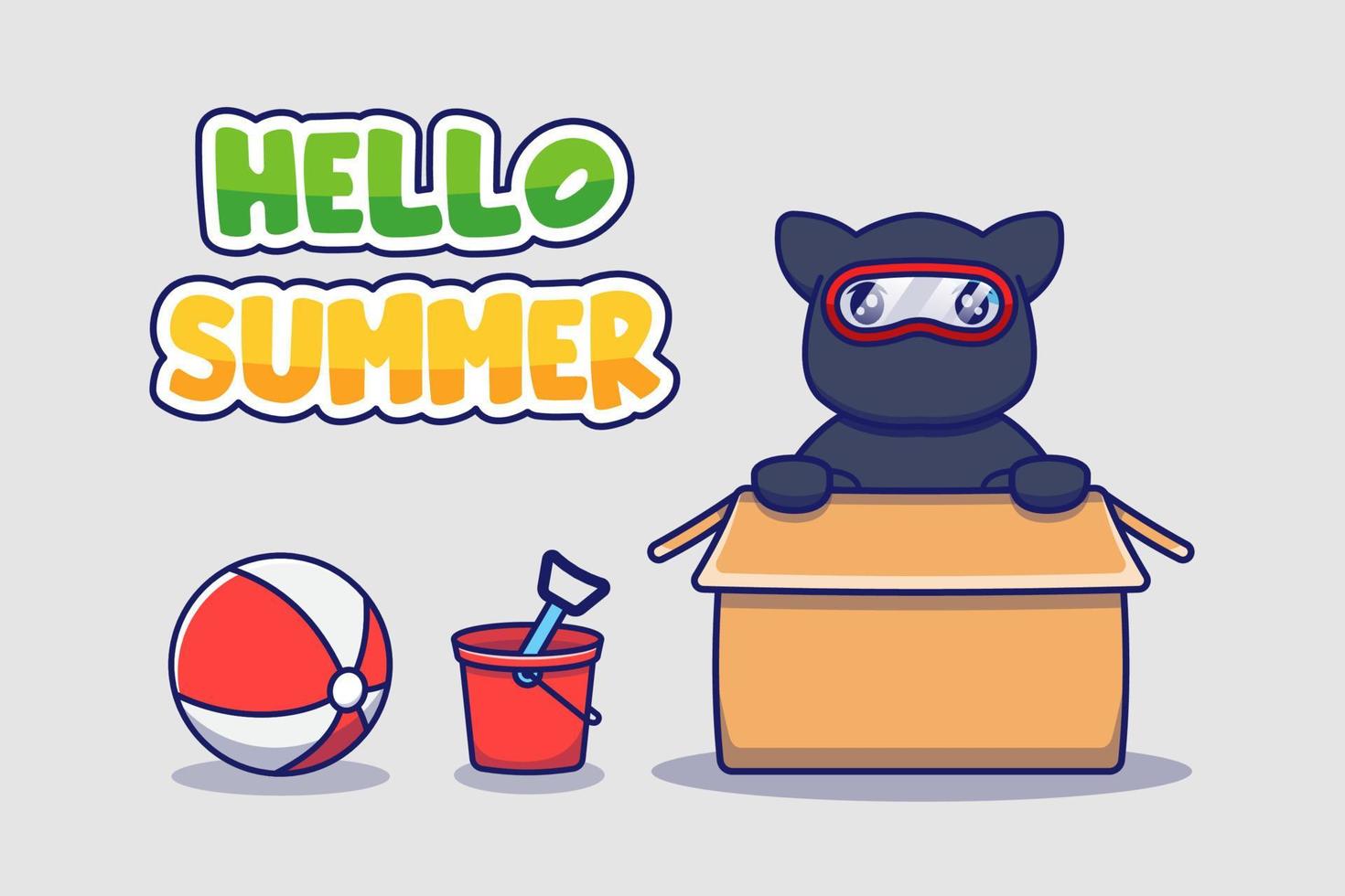 süße ninja katze mit hallo sommergrußbanner vektor