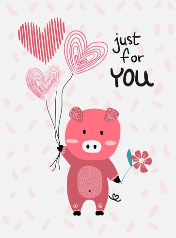 Liebeskarte Vektor flaches Design Hand gezeichnet Liebeskarte Vektor Rosa Schwein halten Herz Luftballons