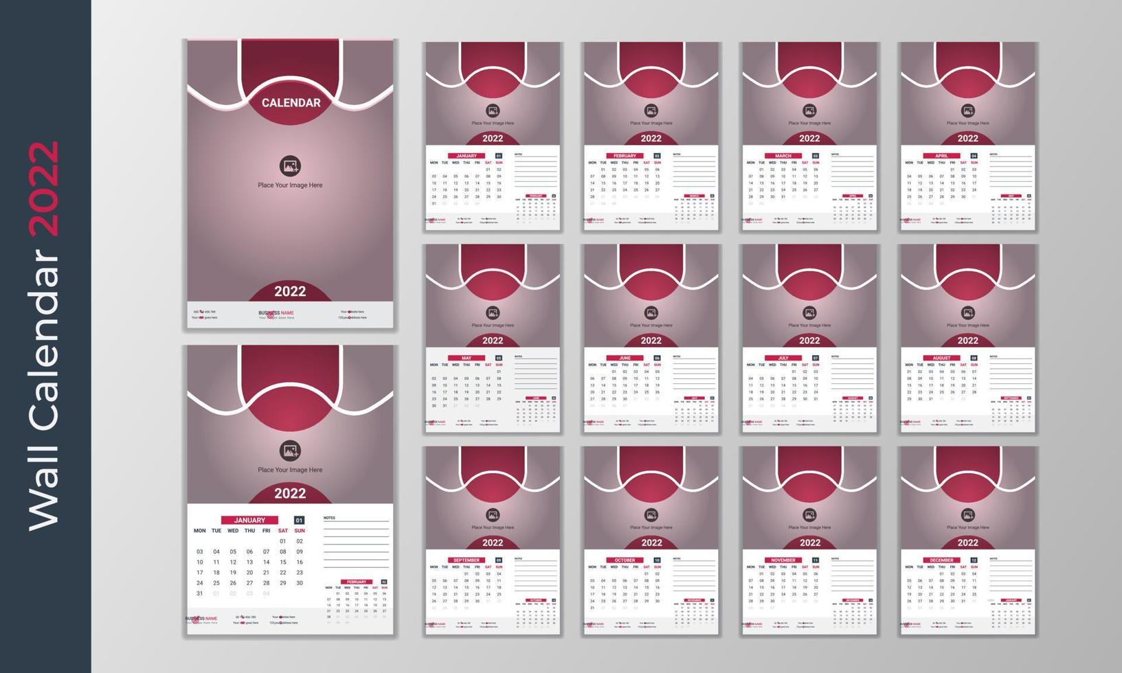 2022 rotes mehrseitiges Wandkalenderdesign für den Innenbereich mit einzigartigem Formstil vektor