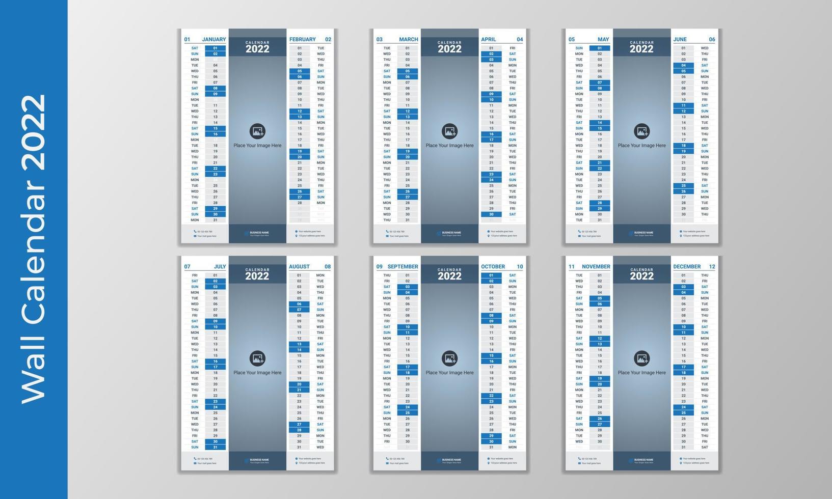 2022 blaues elegantes mehrseitiges Wandkalenderdesign mit vertikalem Monat vektor