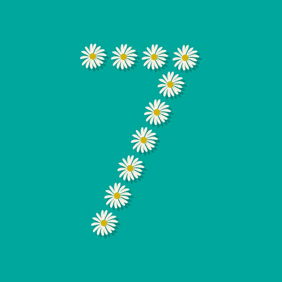 Nummer sieben aus weißen Kamillenblüten. festliche Schriftart oder Dekoration für Frühlings- oder Sommerferien und Design. flache Vektorgrafik vektor