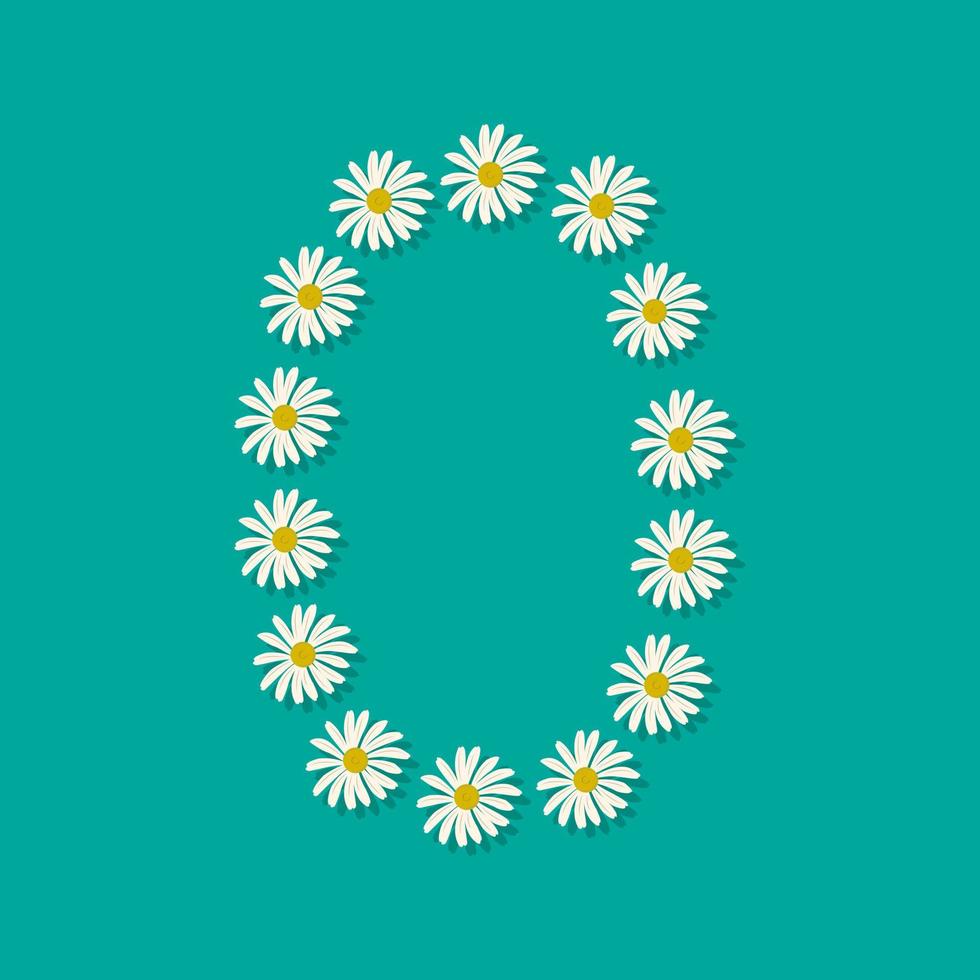 nummer noll från vita kamomillblommor. festlig typsnitt eller dekoration för våren eller sommaren semester och design. platt vektor illustration