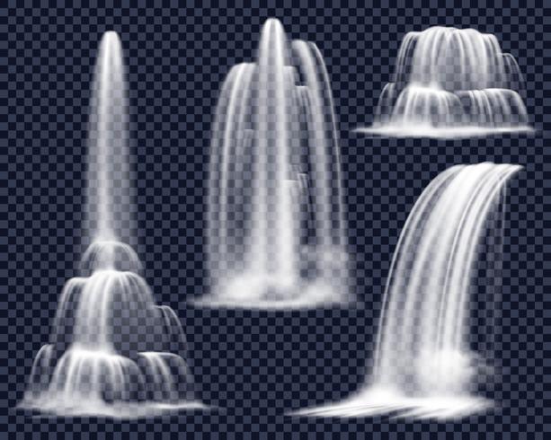 Realistische Wasserfälle auf transparentem Hintergrund vektor