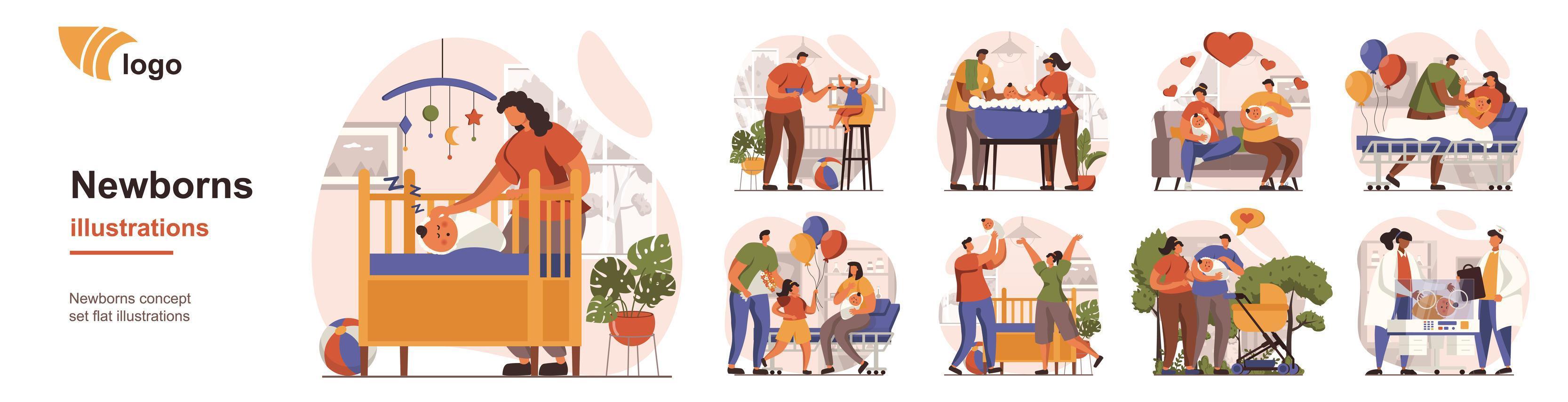 familjer med nyfödda baby koncept isolerade person situationer. samling av scener med människor som tar hand om barn, unga mammor och pappor med barn. mega set. vektor illustration i platt design