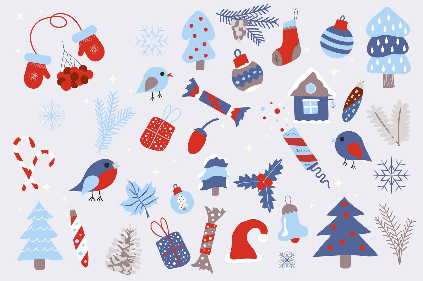 jul och vinter semester isolerade element set. samling av vantar, rönn, fågel, träd, gran, bula, strumpa, godis, leksaker och annat. julkompositioner. vektor illustration i platt tecknad design