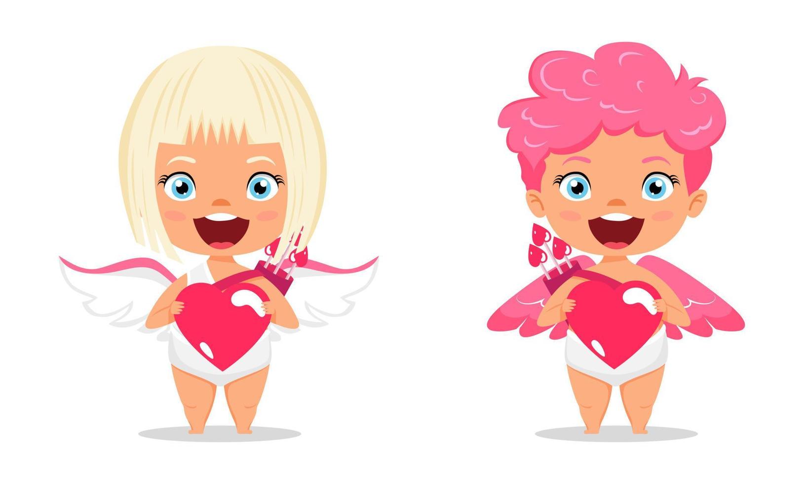 glückliche süße Amorfiguren mit Flügeln und stehend posieren mit Pfeil mit fröhlichem Ausdruck und halten ein Herz-Form-Plakat vektor