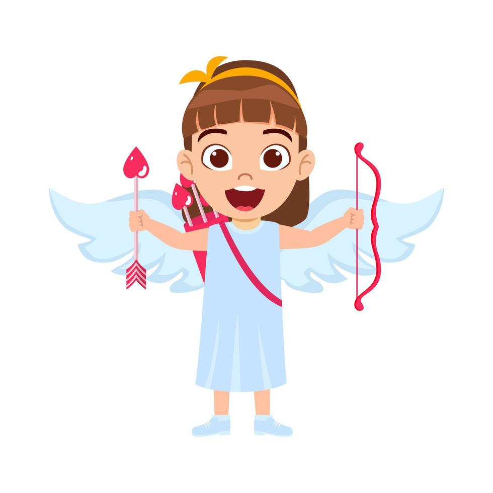 glücklicher süßer Kindermädchen-Amor-Charakter mit Flügeln, der mit Pfeil steht und posiert vektor