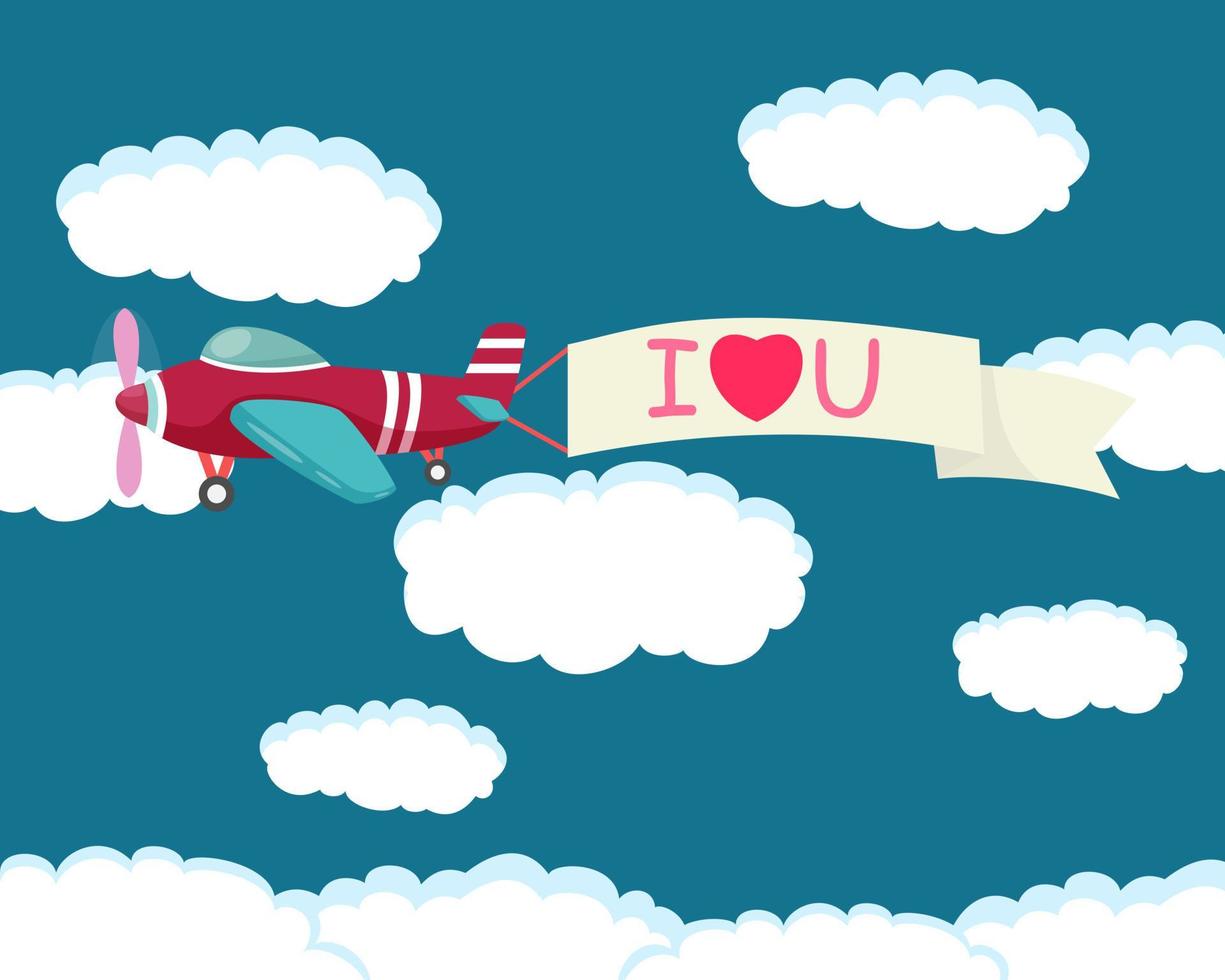 Süßes schönes Flugzeug, das mit Valentinsgruß-Banner-Plakat mit ich liebe dich Text auf Himmelshintergrund fliegt vektor