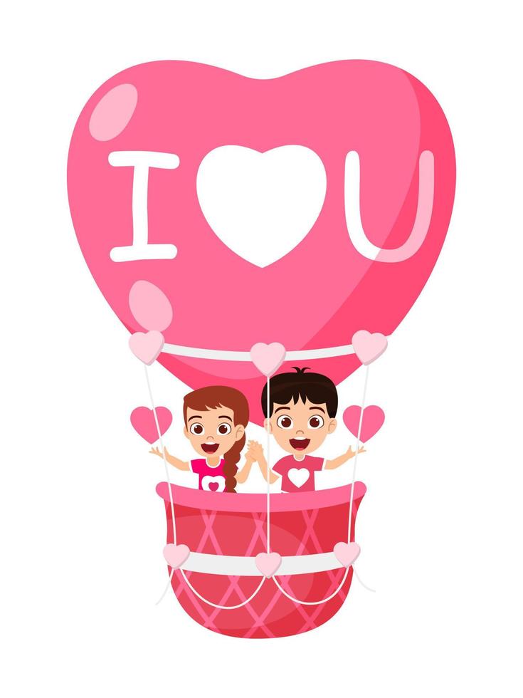 glücklicher süßer Kinderjunge und -mädchencharakter, der mit Heißluftherzform-Valentinsballon fliegt und mit Herzformsymbol auf weißem Hintergrund mit ich liebe dich Text winkt vektor