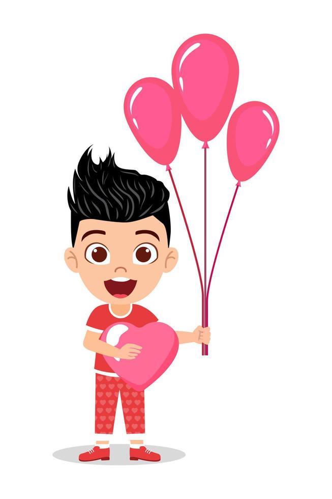 glücklicher süßer Kinderjungencharakter, der Herzform-Liebesballons steht und hält vektor