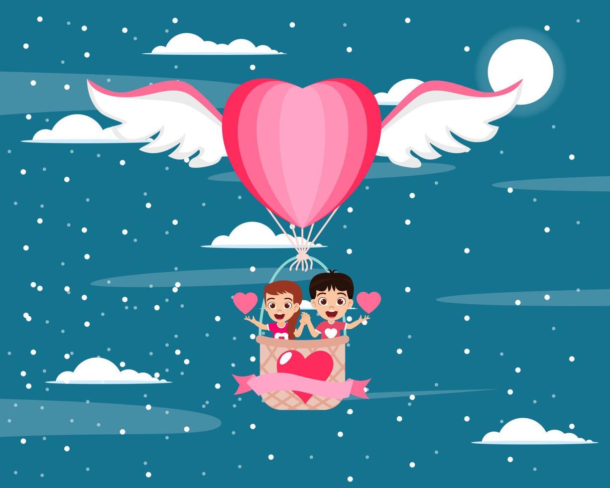 glücklicher süßer Kinderjunge und -mädchencharakter, der mit Heißluftherzform-Valentinsgrußballon mit Flügeln fliegt und mit Herzformsymbol auf Himmelhintergrund mit Wolken mit Valentinstagtext winkt vektor