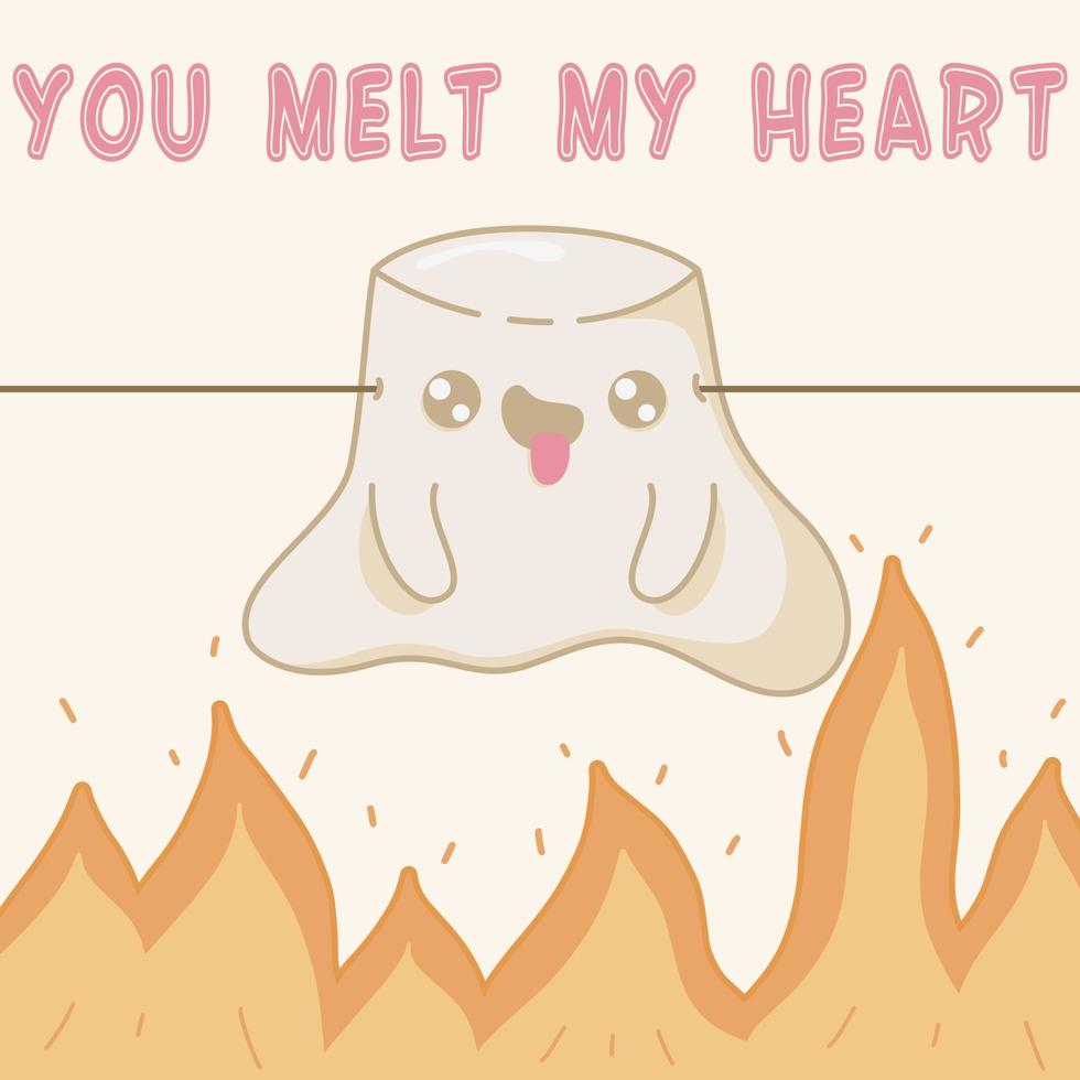 söt kawaii marshmallow smälter från sina känslor över elden. kawaii marshmallow karaktärer i platt stil, handritade vykort för att uttrycka sina känslor vektor
