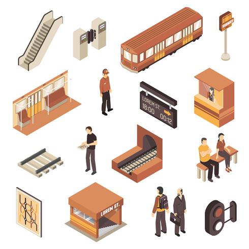 Tunnelbanans tunnelbanestation Isometric Elements Set vektor