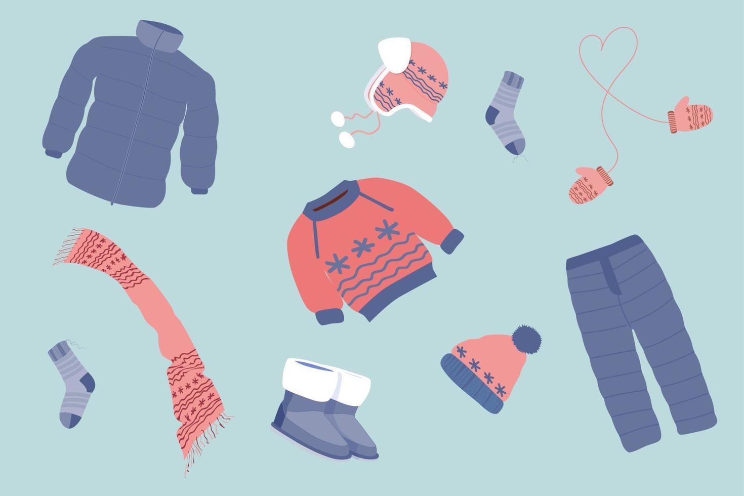 ein Set warmer Kleidung bestehend aus warmen Hosen, Jacken, Stiefeln, Pullovern, Mützen, Schals und Fäustlingen auf hellblauem Hintergrund vektor