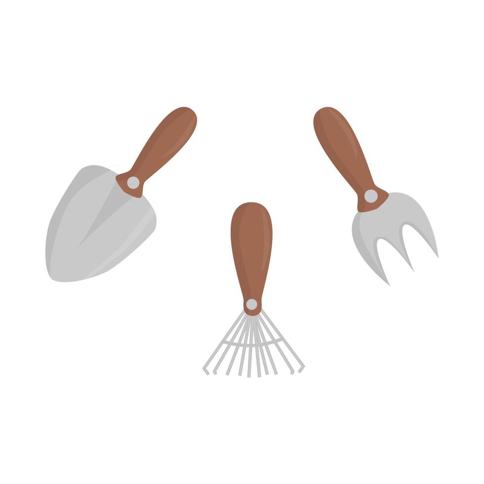 set med liten hand rake spade och gaffel platt vektorillustration vektor