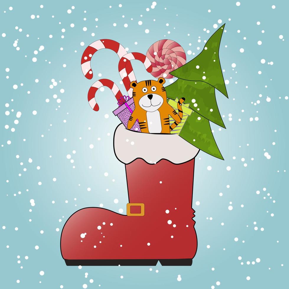 Tiger Weihnachtsbaum Geschenke Süßigkeiten im Weihnachtsmann-Stiefel auf blauem Hintergrund mit Schnee vektor