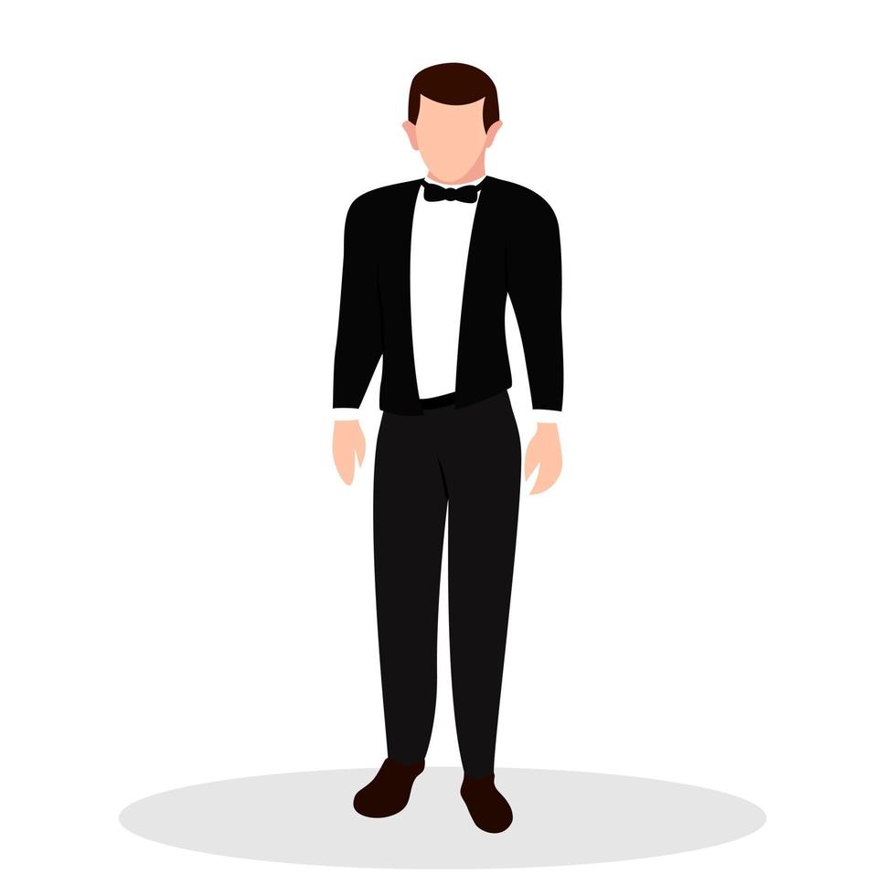 gut aussehender Mann Charakter flach isoliert auf weißem schwarzen Anzug Bräutigam Hochzeit Person Kerl vektor