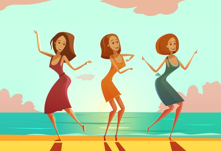 Kvinnor dansar på strandtecknad affisch vektor