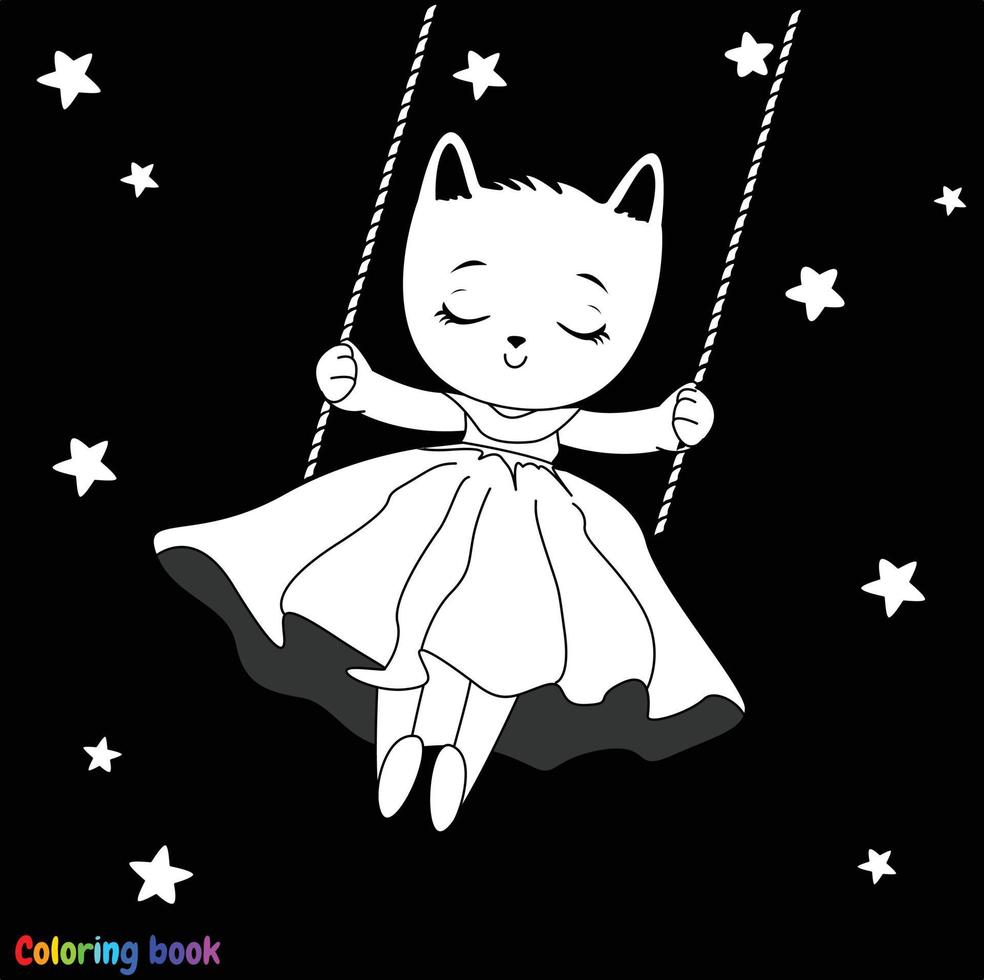 söt tecknad vacker katt som svänger bland stjärnorna. svart och vit vektorillustration för målarbok vektor