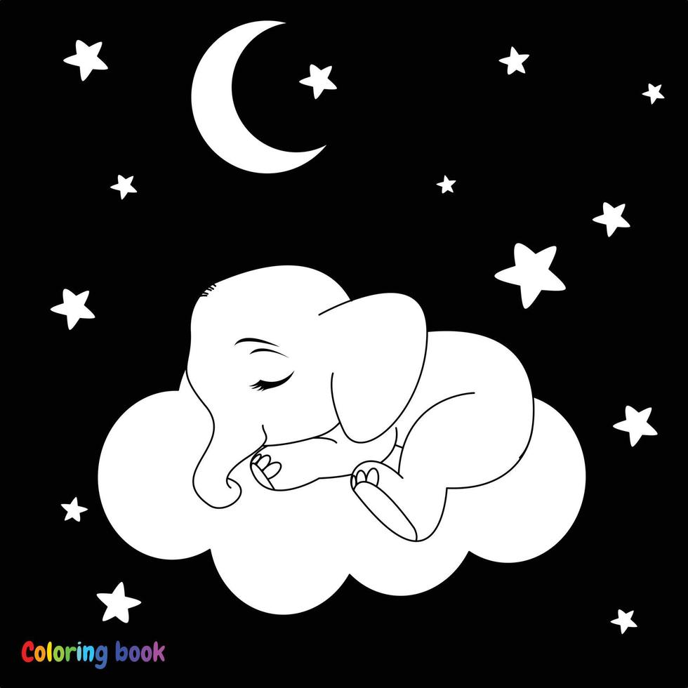 niedlicher Cartoon-Baby-Elefant, der auf der Wolke schläft. Schwarz-Weiß-Vektor-Illustration für Malbuch vektor
