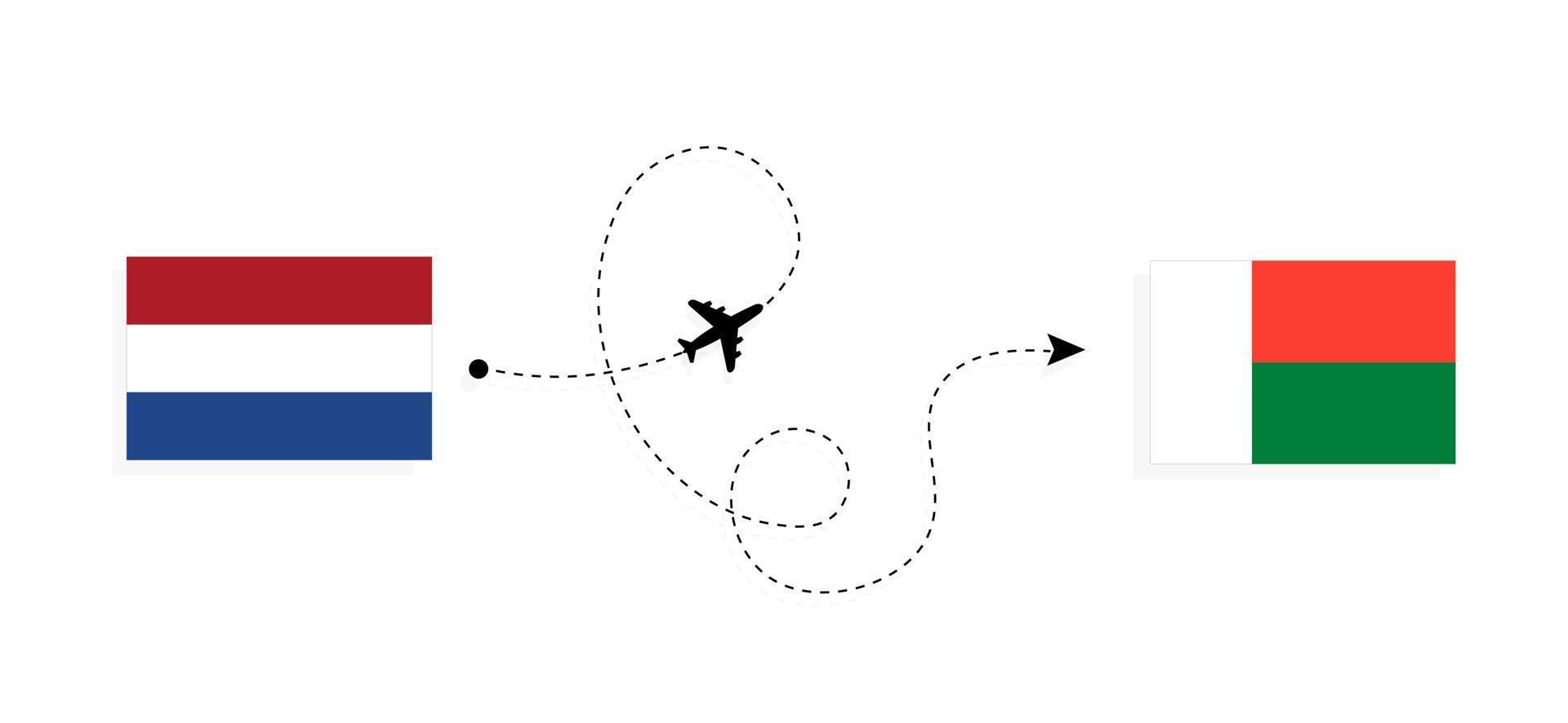 Flug und Reise von den Niederlanden nach Madagaskar mit dem Reisekonzept für Passagierflugzeuge vektor