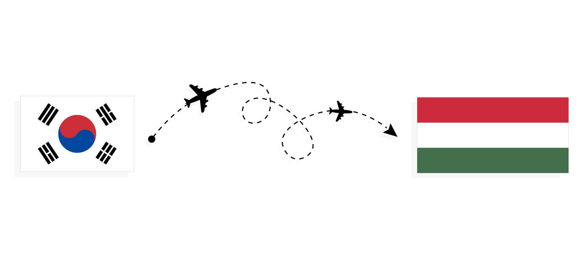 Flug und Reise von Südkorea nach Ungarn mit dem Reisekonzept für Passagierflugzeuge vektor