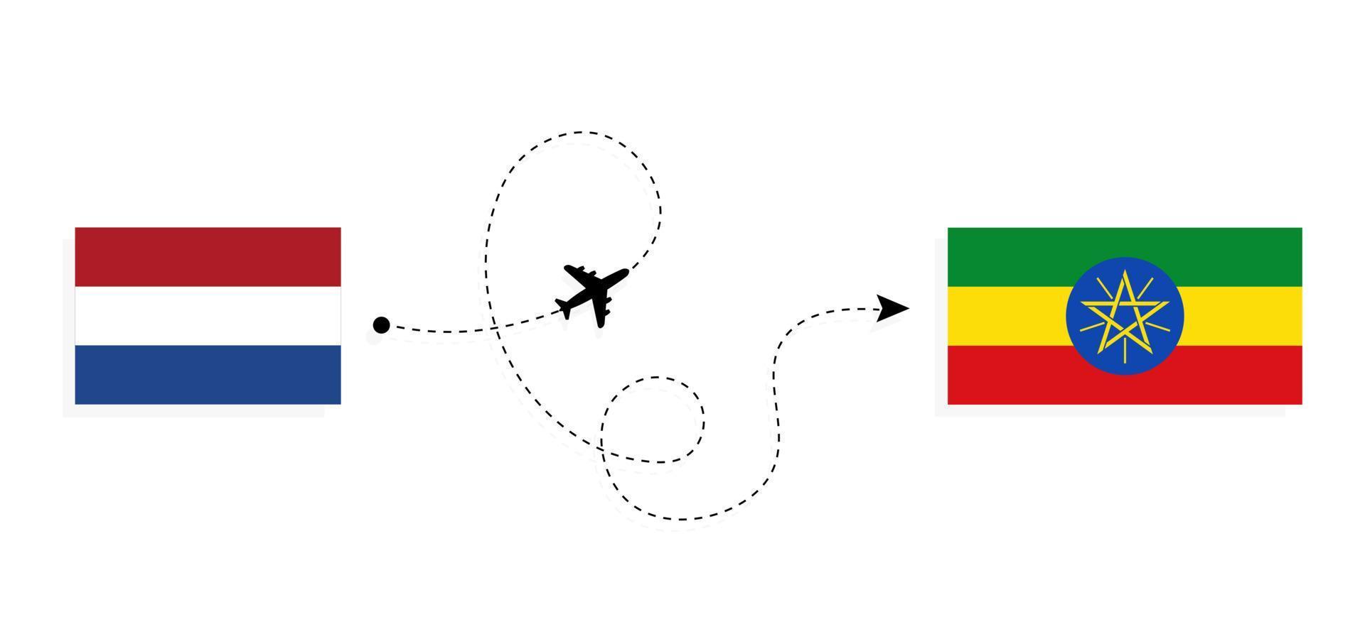 Flug und Reise von den Niederlanden nach Äthiopien mit dem Reisekonzept für Passagierflugzeuge vektor