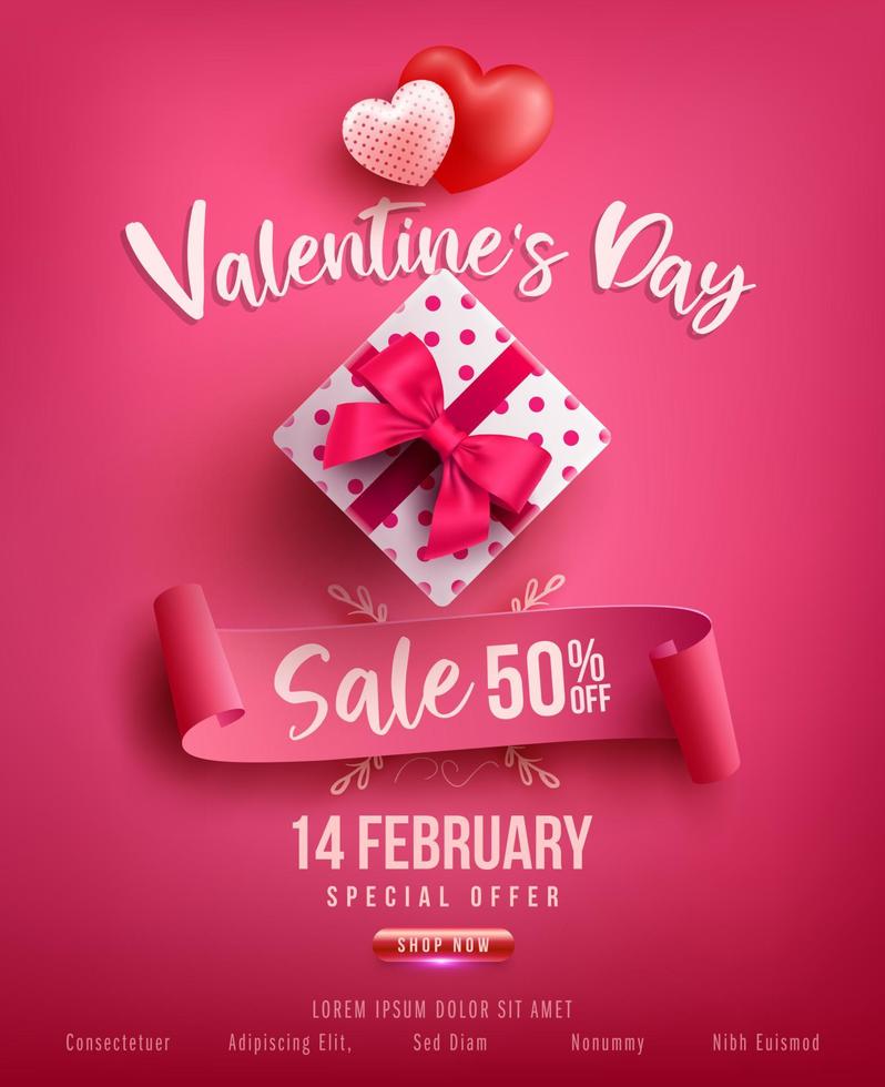 Valentinstag-Verkaufsplakat oder -banner mit süßem Geschenk, süßem Herzen und schönen Gegenständen auf rosafarbenem Hintergrund. Promotion- und Einkaufsvorlage oder Hintergrund für Liebes- und Valentinstagskonzept. Vektor eps10