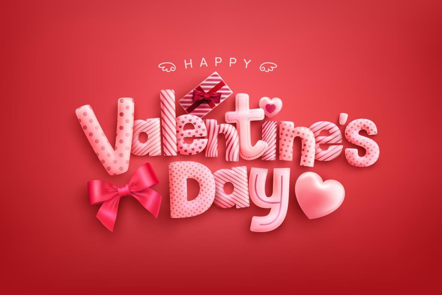 Happy Valentinstag Poster oder Banner mit süßer Schrift, süßen Herzen und Geschenkbox auf rotem Hintergrund. Promotion- und Shopping-Vorlage oder Hintergrund für Liebes- und Valentinstagskonzept vektor