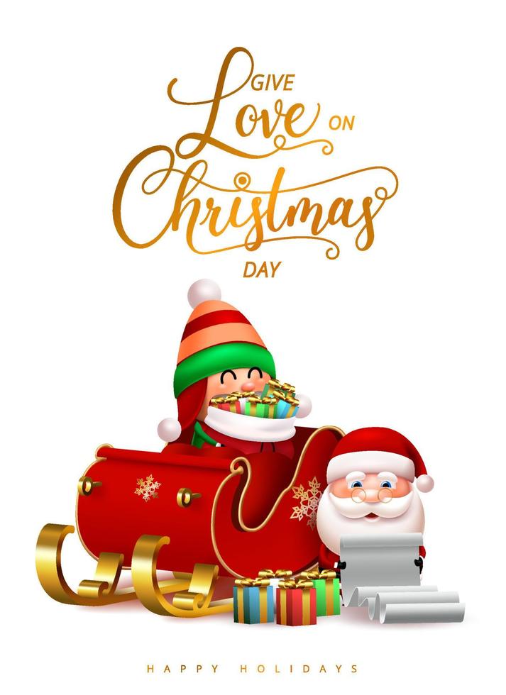 Weihnachtsgruß-Vektor-Design. Geben Sie Liebe am Weihnachtstag Text mit Weihnachtsmann und süßem Elfencharakter, der Geschenke hält und Briefe für Weihnachten liest, die Ferien geben. Vektor-Illustration. vektor
