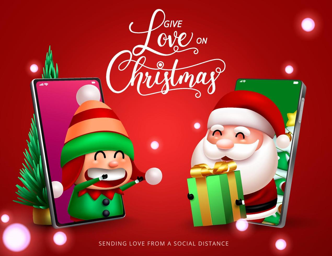 Weihnachtsgeschenk, das Zeichenvektordesign gibt. Geben Sie Liebe am Weihnachtstag Text mit virtuellem Weihnachtsmann und süßem Elfencharakter im Handy, das Geschenk für die Weihnachtsferienzeit hält. vektor