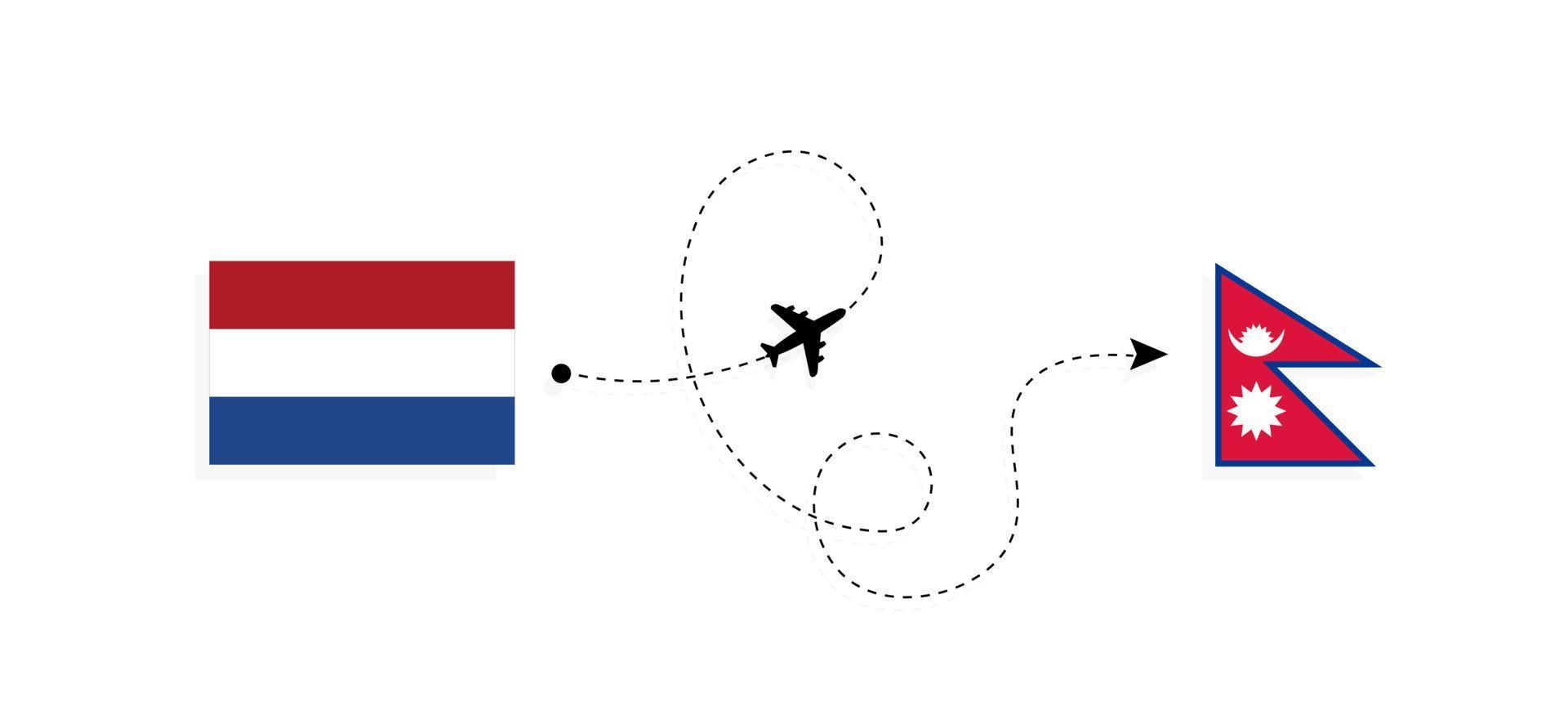 Flug und Reise von den Niederlanden nach Nepal mit dem Reisekonzept für Passagierflugzeuge vektor
