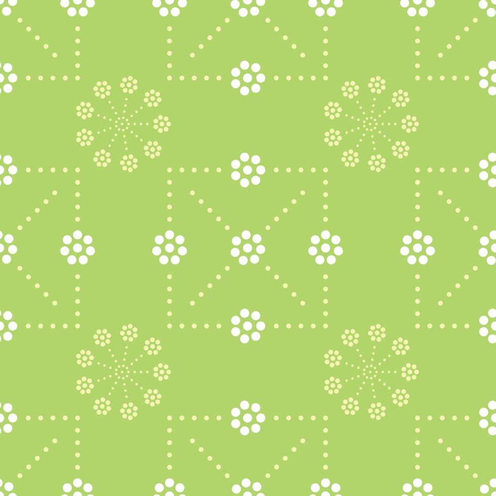 seamless mönster med färgglada cirkelform, vackra vita blommor på grön bakgrund. vektor illustration.