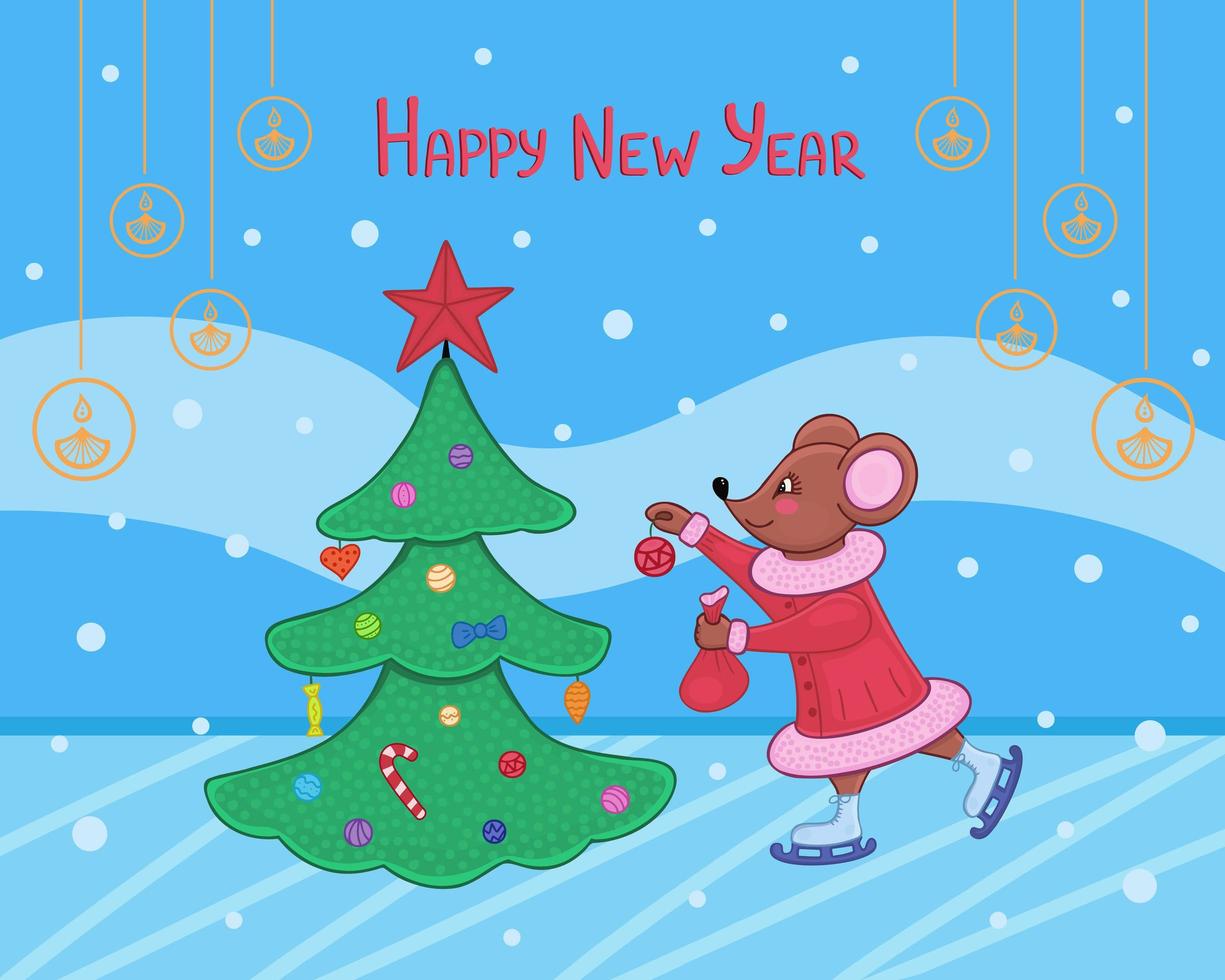 presentkort gott nytt år, julgran, mus. illustration för utskrift, bakgrunder, omslag, förpackningar, gratulationskort, affischer, textil, säsongsdesign. isolerad på vit bakgrund. vektor