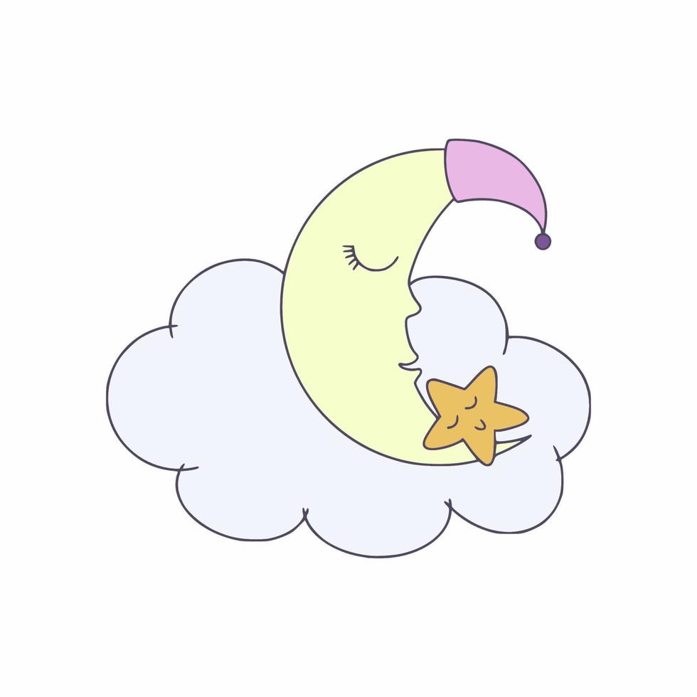 månen och stjärnan sover på ett moln. vektor illustration i doodle stil för barn.