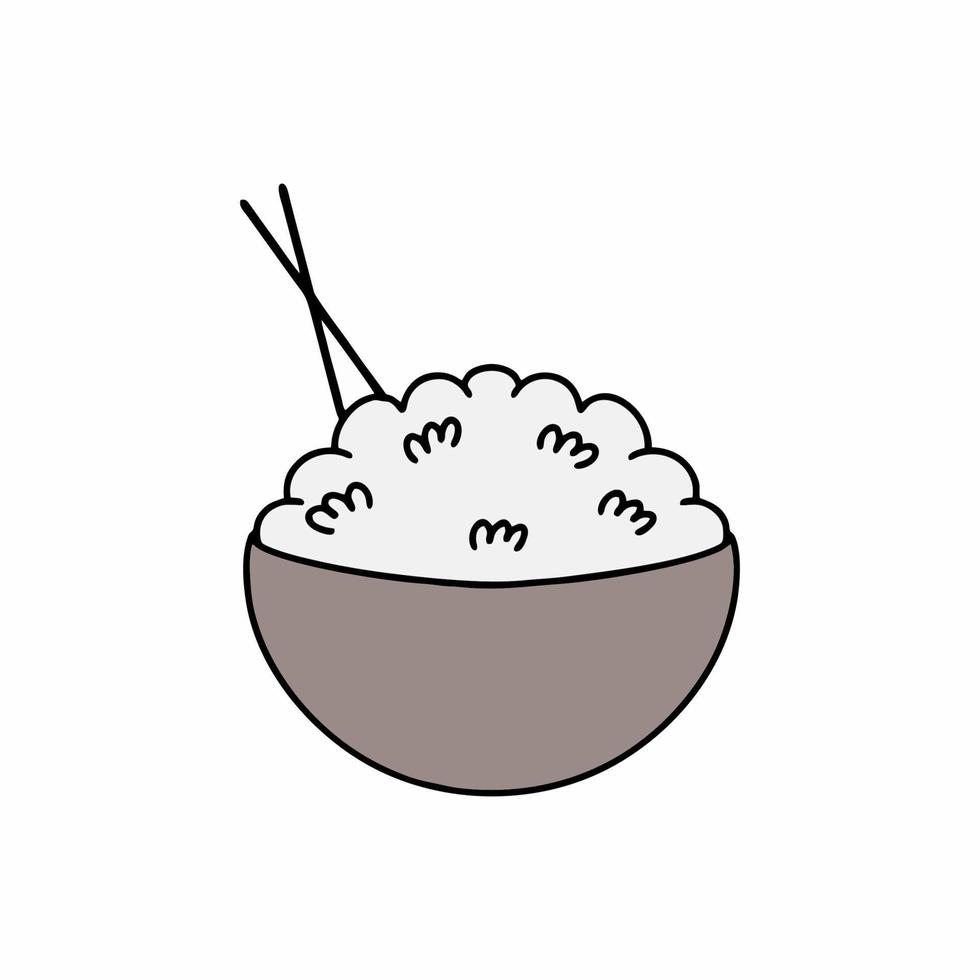 en tallrik med ris och japanska ätpinnar. traditionell japansk maträtt. vektor ikon i doodle stil. ritning av ris på en vit bakgrund.