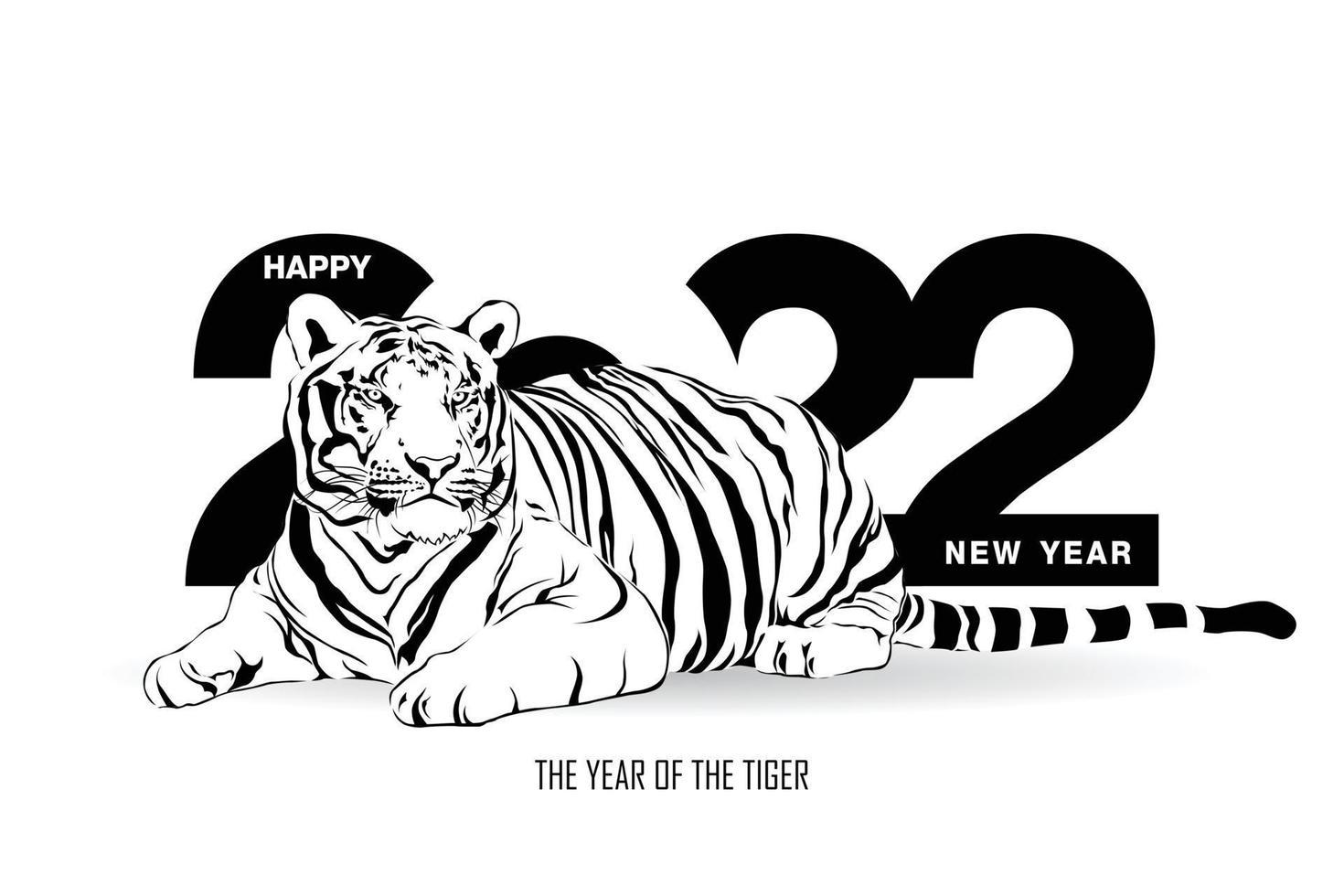 Frohes neues Jahr 2022 Jahr des Tigers, der schwarze und weiße Linien des Tigers zeichnet, die auf den Zahlen 2022 für Poster, Broschüre, Banner, Einladungskarte, Vektorillustration liegend auf weißem Hintergrund liegen. vektor