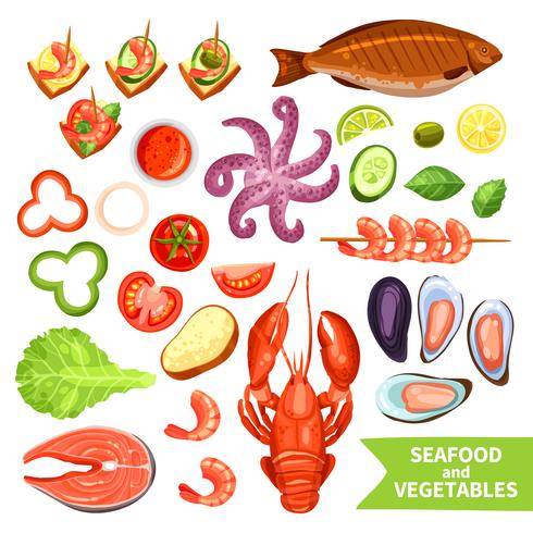Meeresfrüchte und Gemüse Icons Set vektor