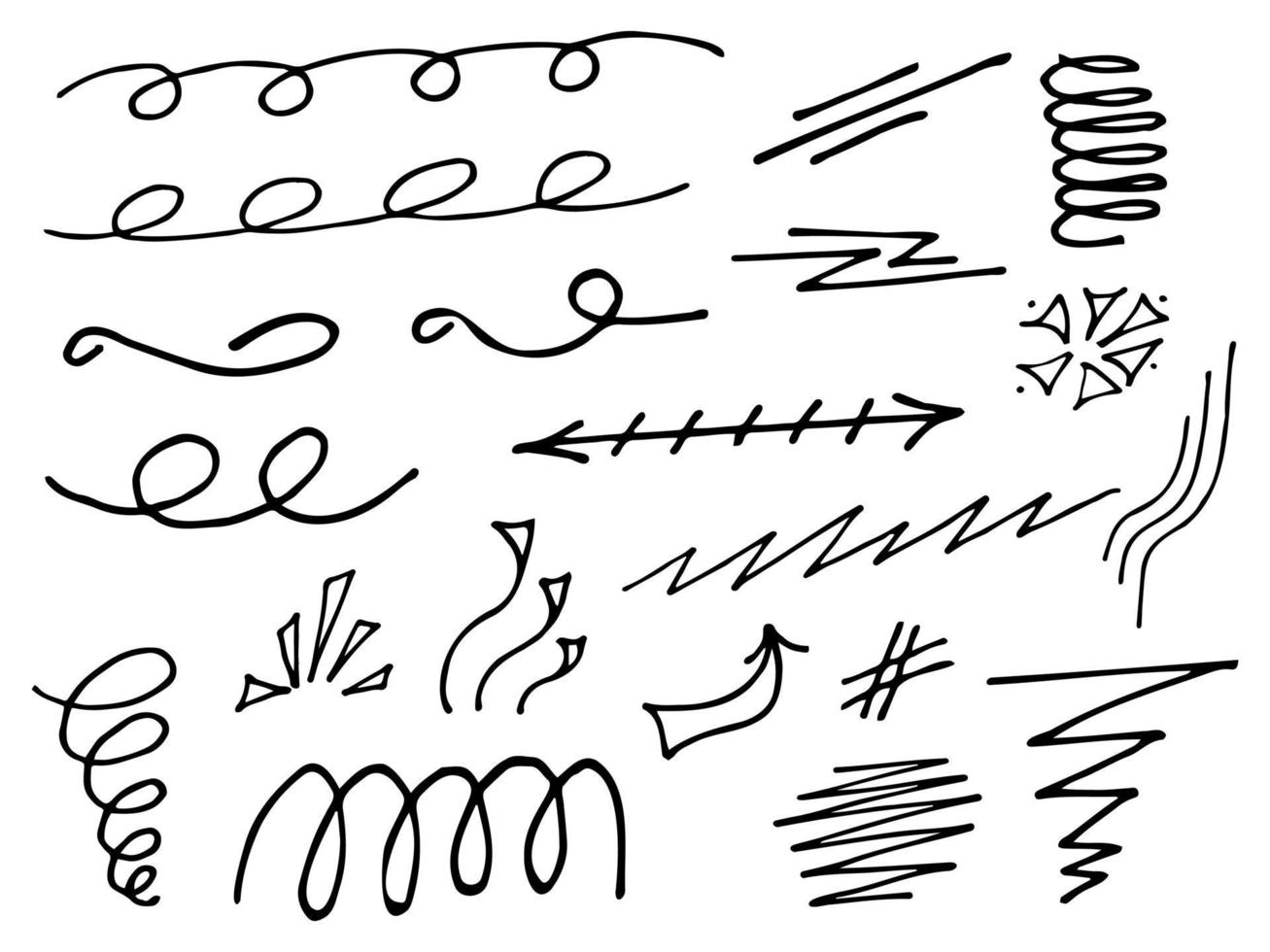 understryker och lockiga linjer doodle set isolerad på vit bakgrund. vektor