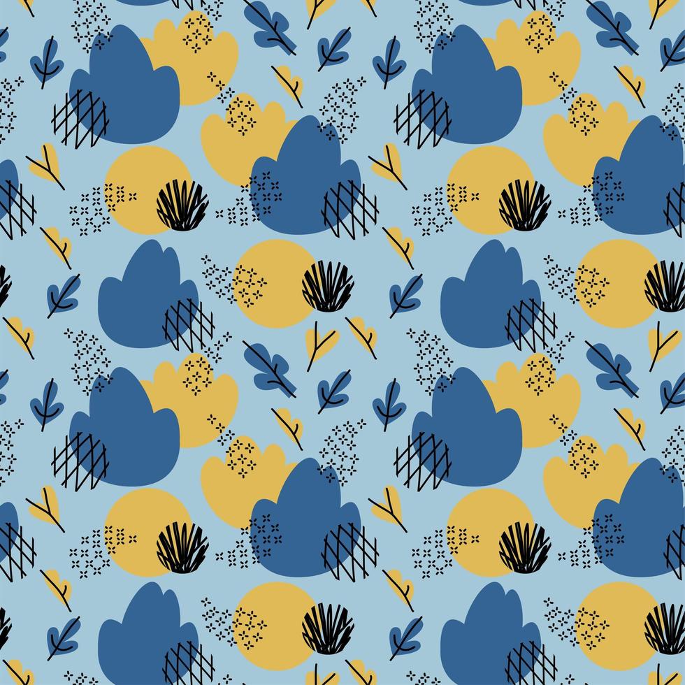 blaues und senffarbenes Doodle abstraktes nahtloses Muster mit Busch, Blättern, Blumen und Kreisen. trendige handgezeichnete Texturen Hintergrund. abstraktes Design für Papier, Stoff, Inneneinrichtung, Verpackung vektor