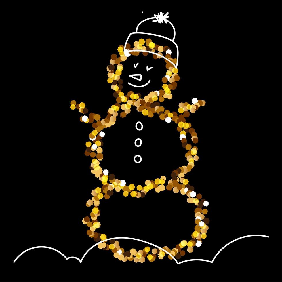 skinande guld glitter snögubbe, nyår och jul. glittrande för ett kort, dekor, inbjudan, affisch, hemsida, banner eller någon festlig design. glittrig vektorillustration på en svart bakgrund vektor