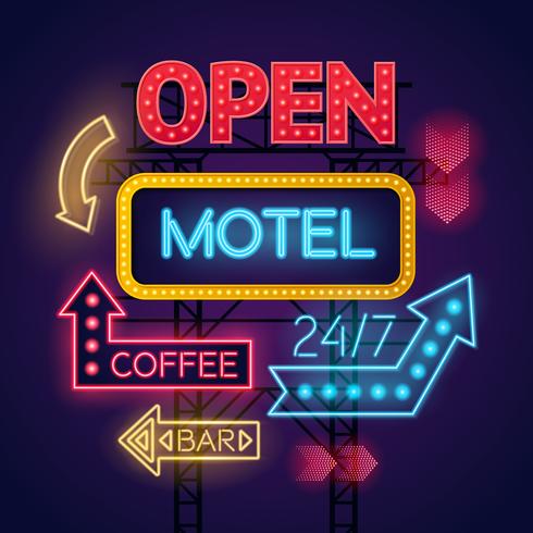 Neon Motel Cafe och Bar skyltar Set vektor