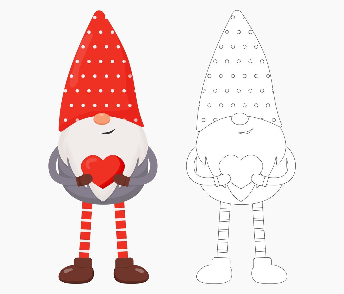 süßer valentinstagzwerg mit rotem herz in den händen. flache vektorillustration für st. Valentinstagsgeschenk, Karte, Druck, Dekoration. Gnome in Farbe und Umriss. vektor